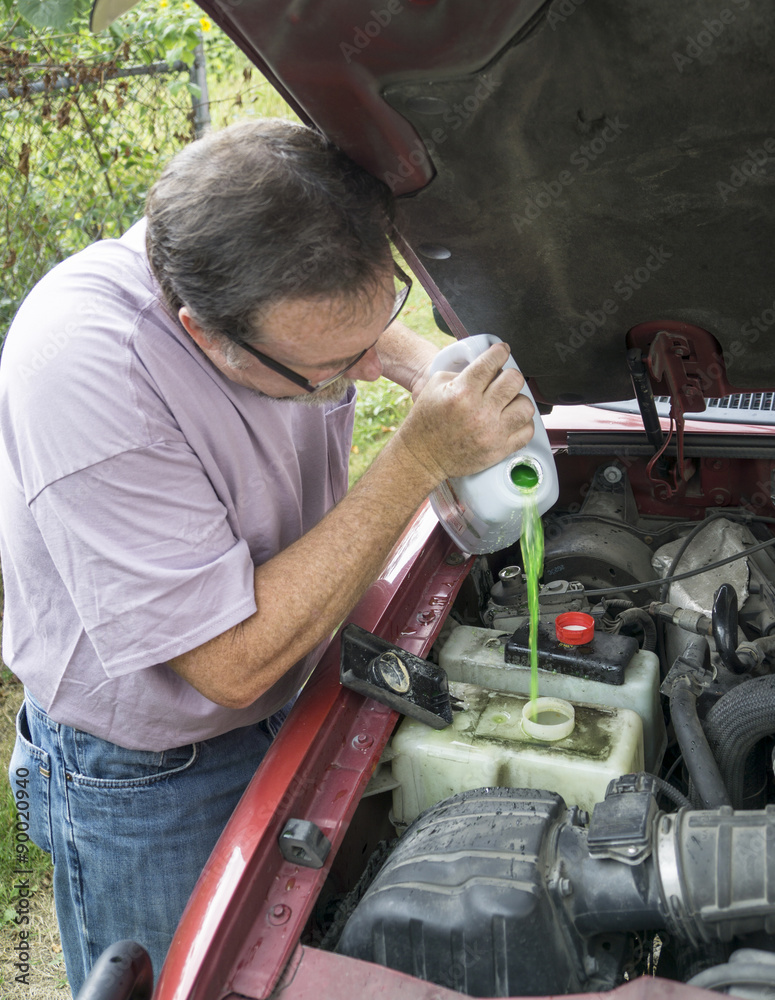 Mechanic Adding Engine Coolant To Customers Vehicle Stock Photo | Adobe  Stock