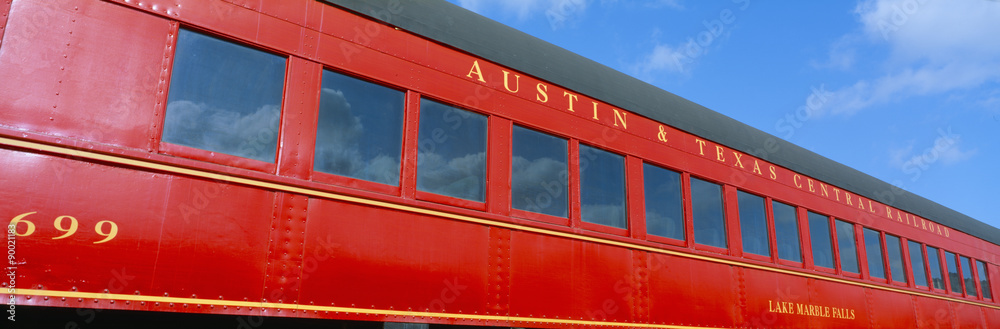 Historic red passenger car, Austin & Texas Central Railroad