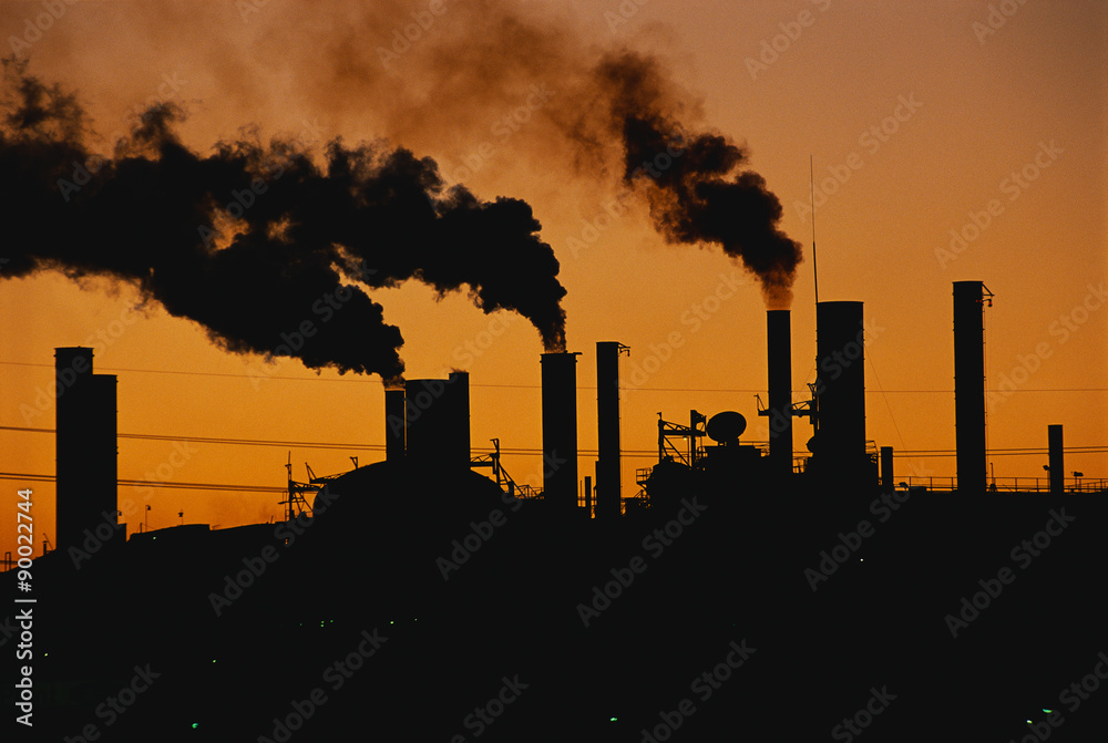 This is a Ford factory at sunset. These are smokestacks contributing to