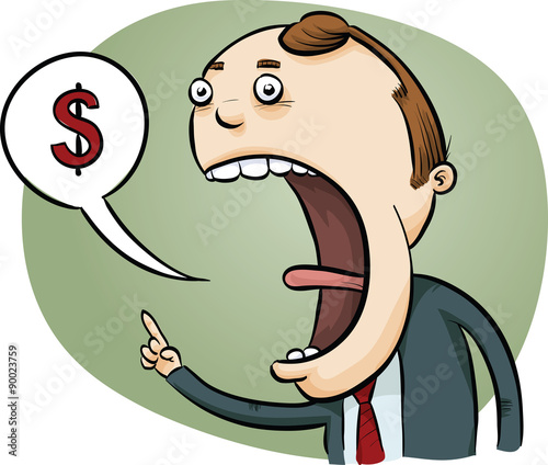 A cartoon businessman calling out, pointing and bidding with a speech bubble with a dollar symbol inside.