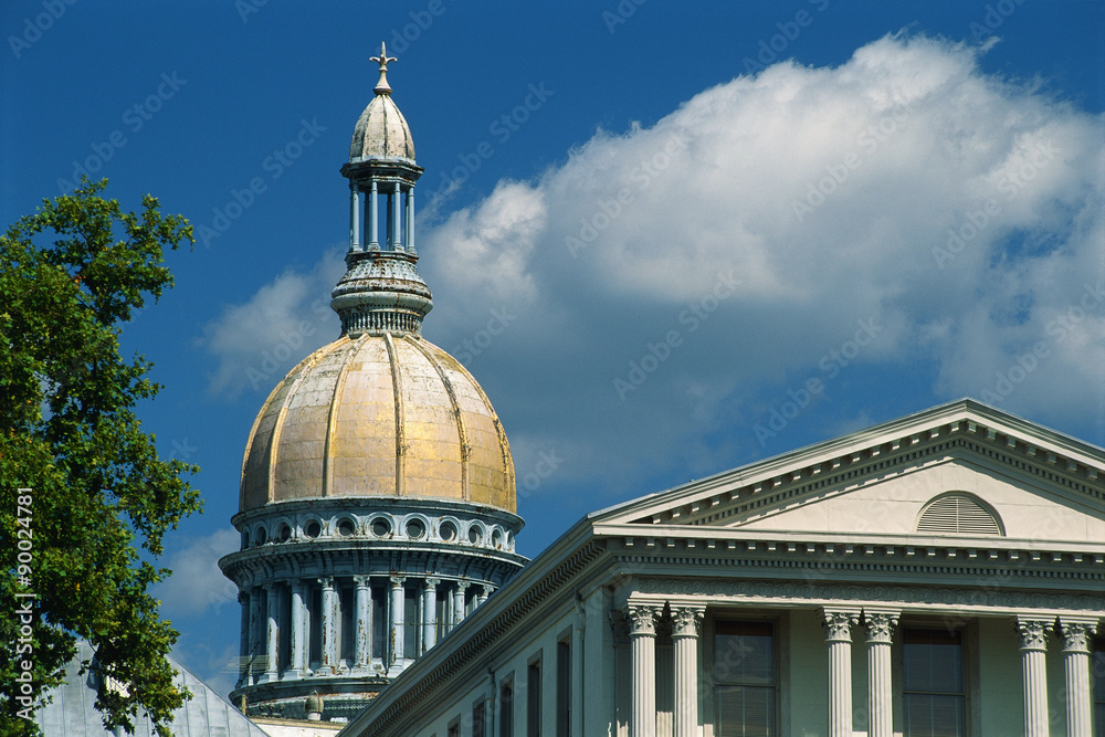This is the historic State Capitol building. It has a yellow dome and columns making up the structure.