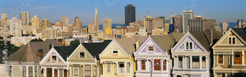 These are the historic Victorian homes in front of the skyline on Steiner Street. They are painted pastel colors and line up next to each other in row house formation.