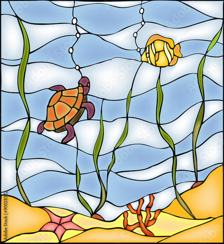 Undersea life: turtle, tropical fish, blue water, sea weed, vector illustration in stained glass window style