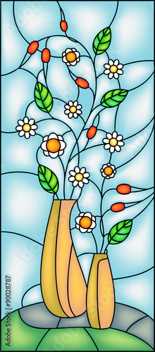 Garden flowers in vase. Stained glass window, vector