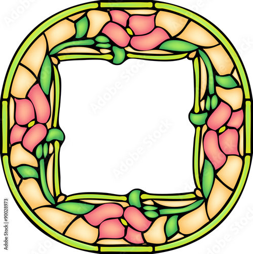 Multicolour flowers in round stained-glass window frame, vector