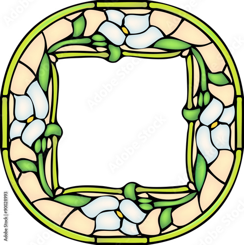 Multicolor flowers in round stained-glass window frame, vector
