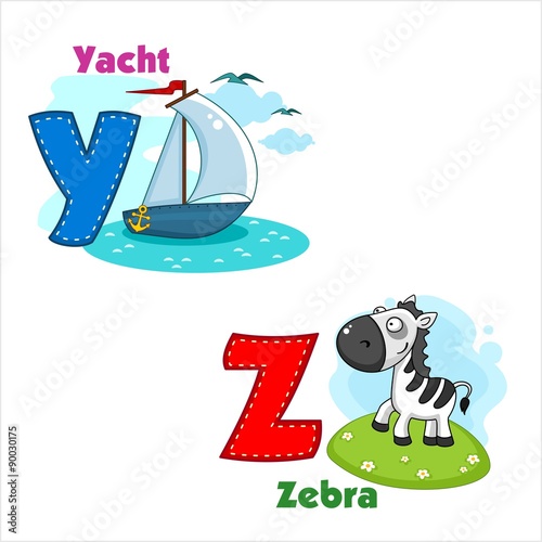English alphabet  Y Z with letters and pictures to them