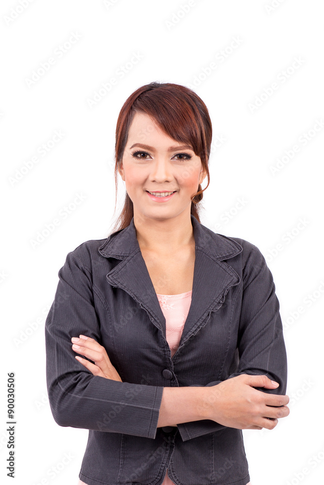 folded hands . business portrait of smiling asia woman. white background isolated.