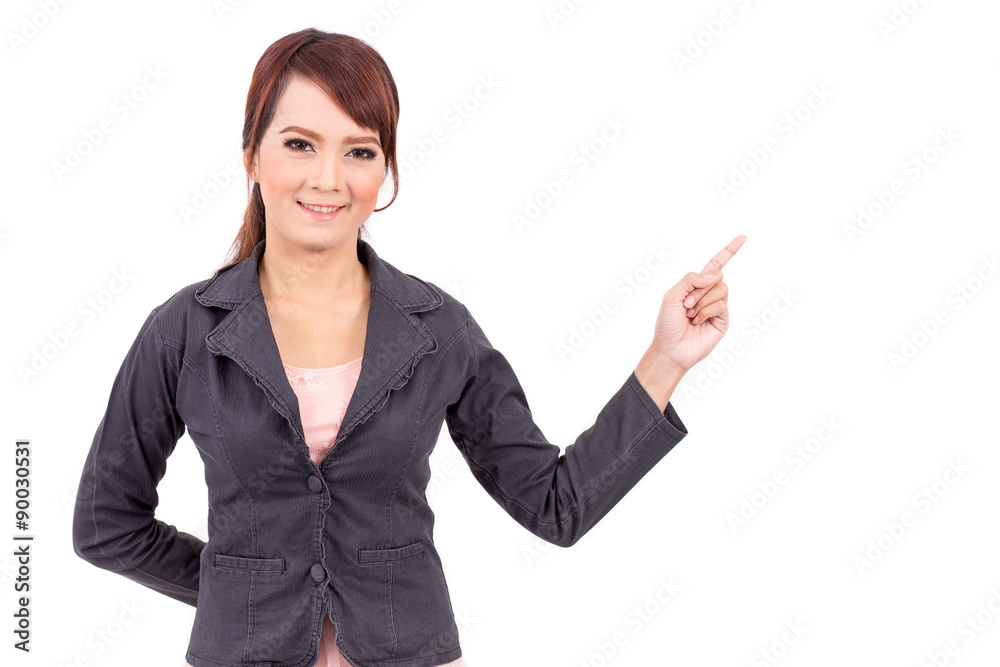 smiling young business woman hand point . suggest work. presentation smiling young business woman hand point . suggest work. presentation