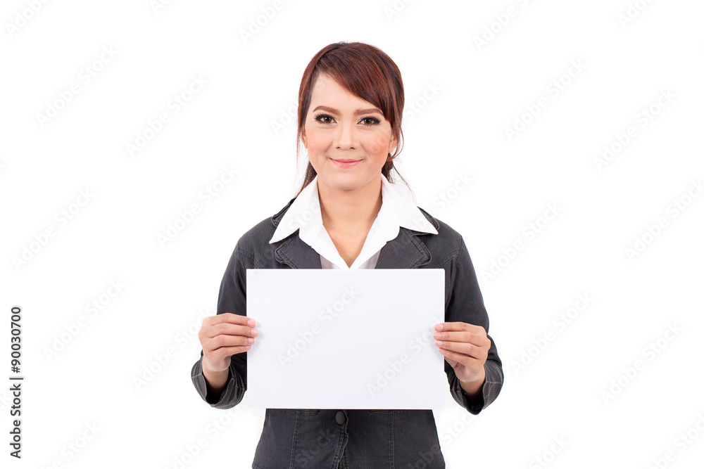 Happy smiling young business woman holding blank signboard, over white background Happy smiling young business woman holding blank signboard, over white background