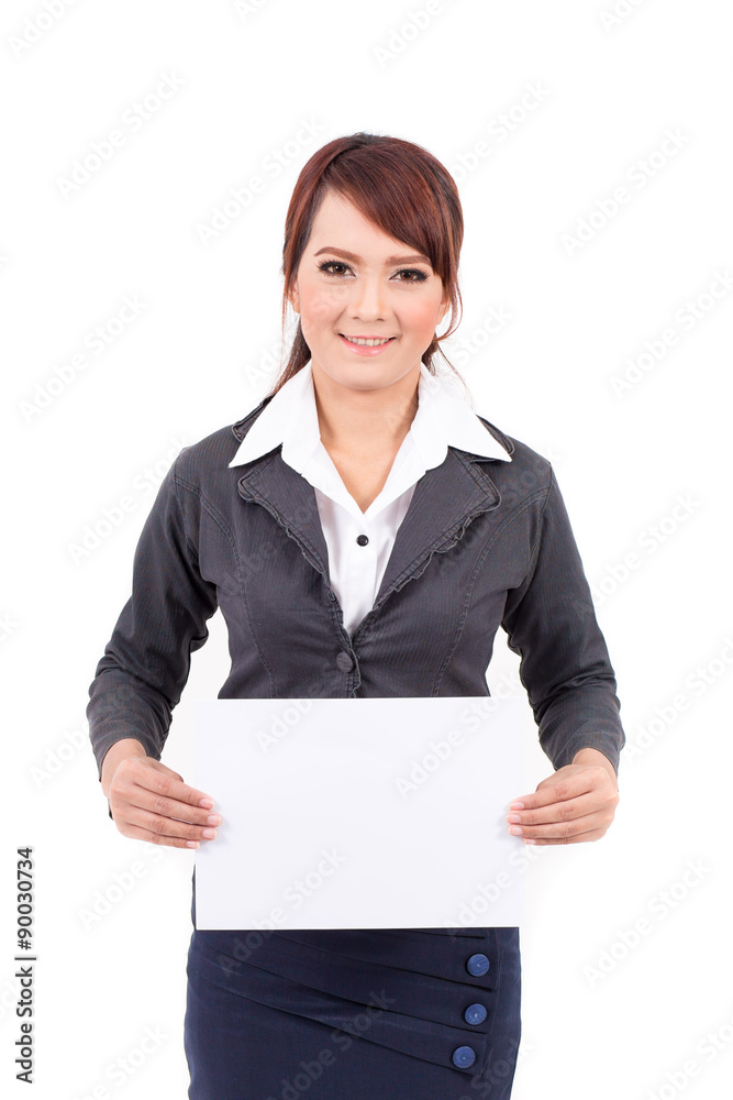 Happy smiling young business woman holding blank signboard, over white background Happy smiling young business woman holding blank signboard, over white background