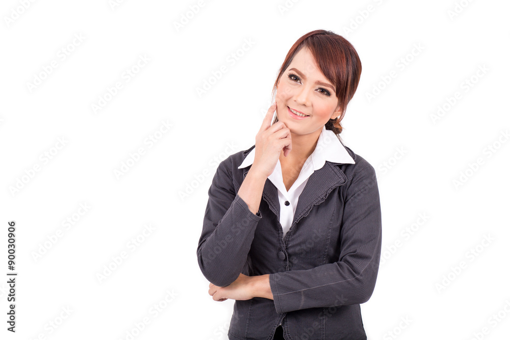 Beautiful thinking business woman isolated white background Beautiful thinking business woman isolated white background