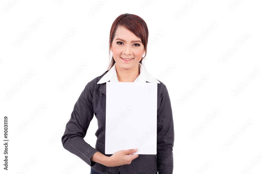 Happy smiling young business woman holding blank signboard, over white background Happy smiling young business woman holding blank signboard, over white background
