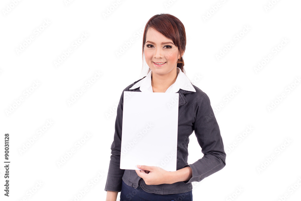 Happy smiling young business woman holding blank signboard, over white background Happy smiling young business woman holding blank signboard, over white background