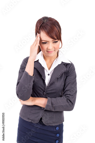 Closeup portrait unhappy business woman, headache isolated on white background