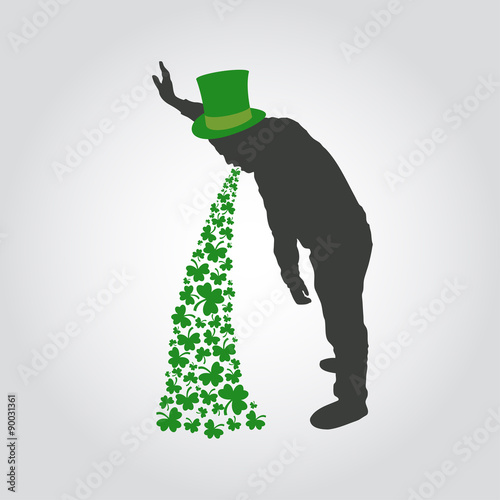 St Patrick day icon, drunk man sick with clover, vector