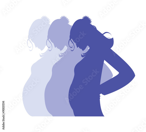 Flat vector images of a silhouetted pregnant lady, repeated to demonstrate trimester stages