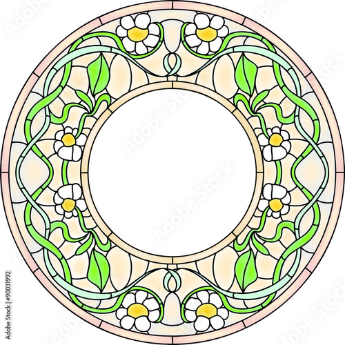 Chamomile, round stained glass window design, vector