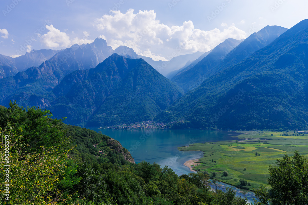 Lago di Mezzola Lake landscape. Water and mountains. Lombardy, Italy, Europe. 