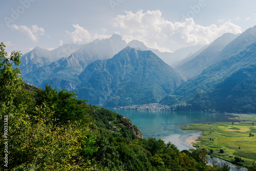 Lago di Mezzola Lake landscape. Water and mountains. Lombardy  Italy  Europe.