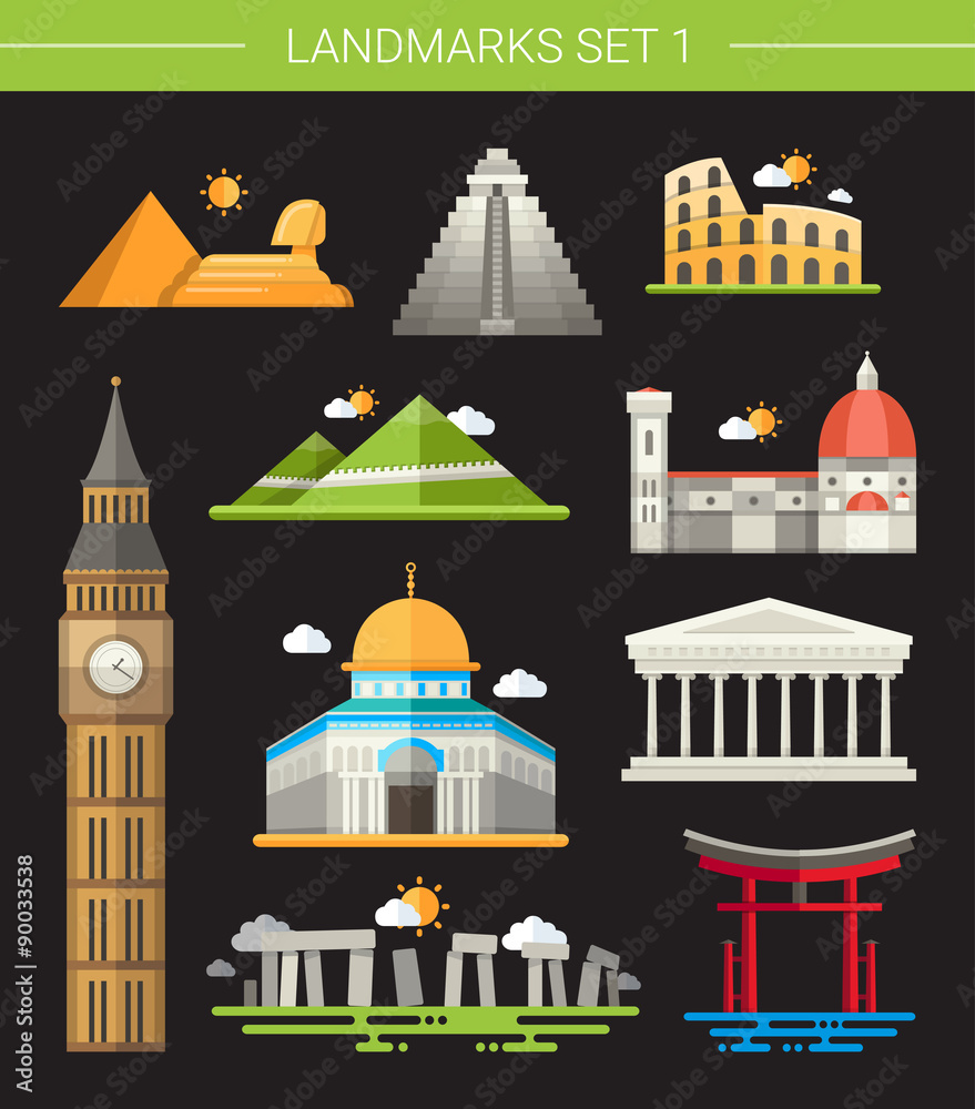 Set of flat design famous world landmarks icons
