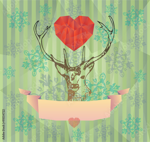 Christmas / New year card with deer and heart, vector photo