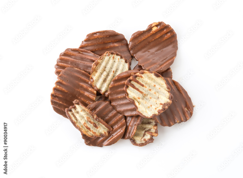 potato chip with chocolate on white potato chip with chocolate on white