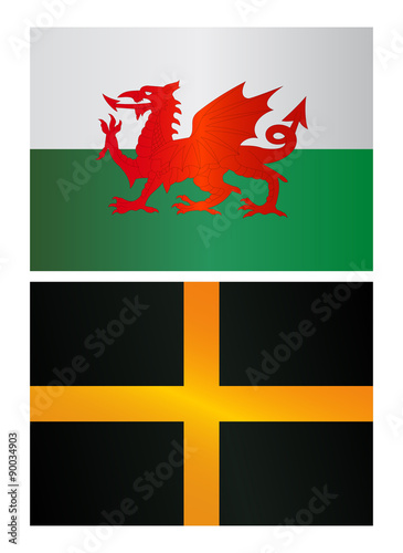Flag of Wales (UK) - Red dragon on the white and green flag, vector illustration