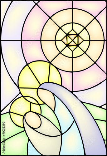 Mother Mary with Jesus Christ in stained glass window, vector