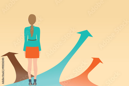 Business woman standing on the arrow with many directions ways,C