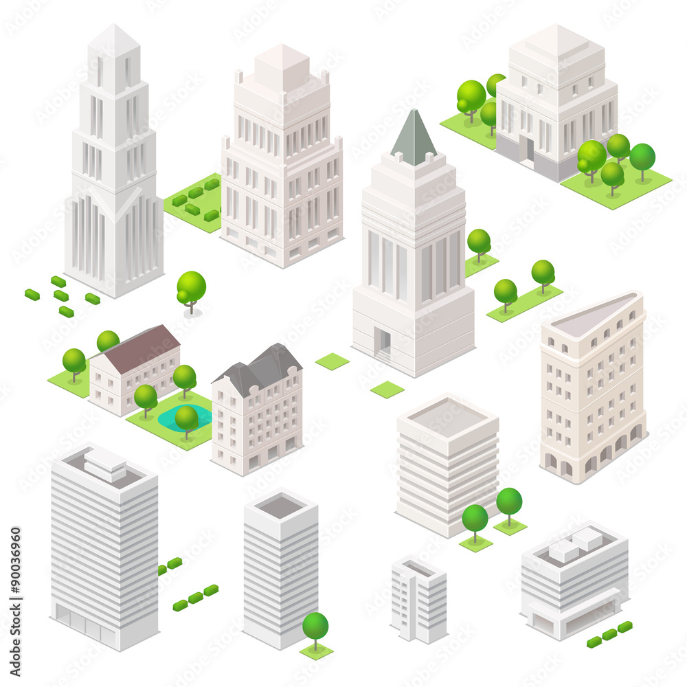 Set of the isometric vector elements. Skyscrapers, trees and oth