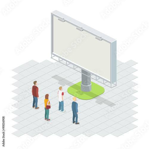 People on the street looking at the billboard. Isometric vector