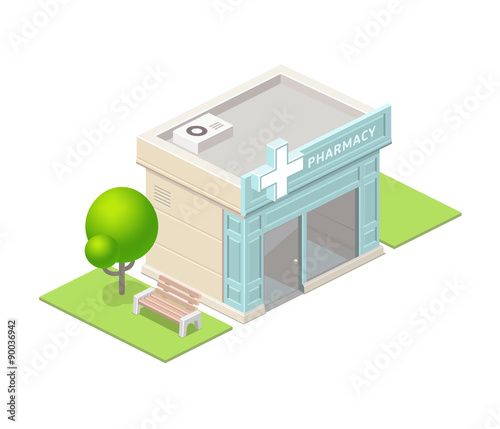 Isometric pharmacy building and tree