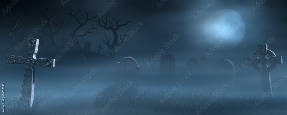 Fototapeta premium Tombstones on a spooky misty graveyard, full moon at night