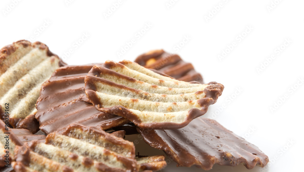 potato chip with chocolate on white potato chip with chocolate on white