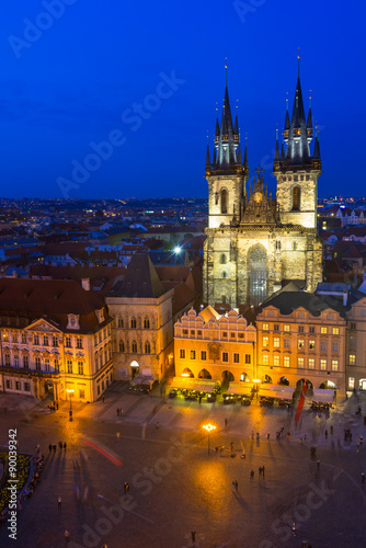 Old Town Square and Church of Mother of God before Tyn in Prague at night. Czech Republic