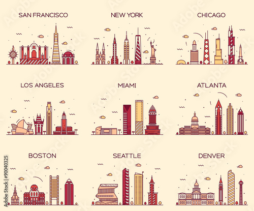 American cities skyline trendy illustration linear