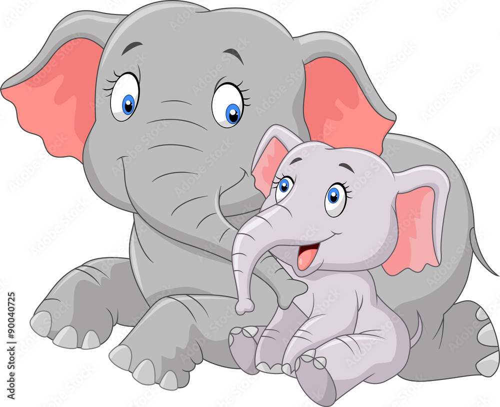 Naklejka premium Cartoon cute Mother and baby elephant 