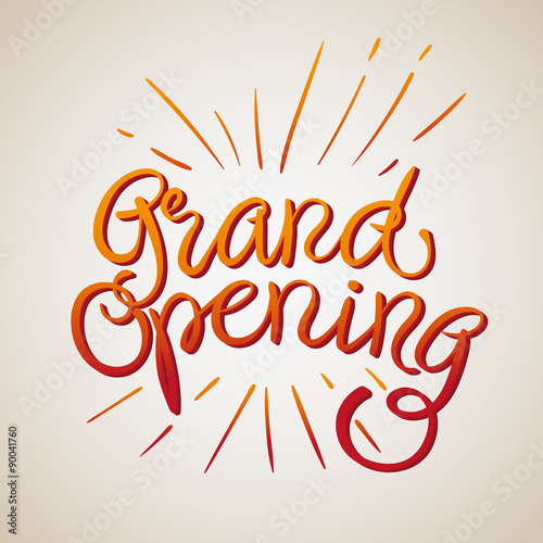Grand Opening Vector Illustration. Hand Lettered Text with Gradient and Rays coming out of it.