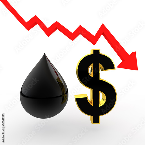 3d oil drop and dollar sign with decreasing  arrow