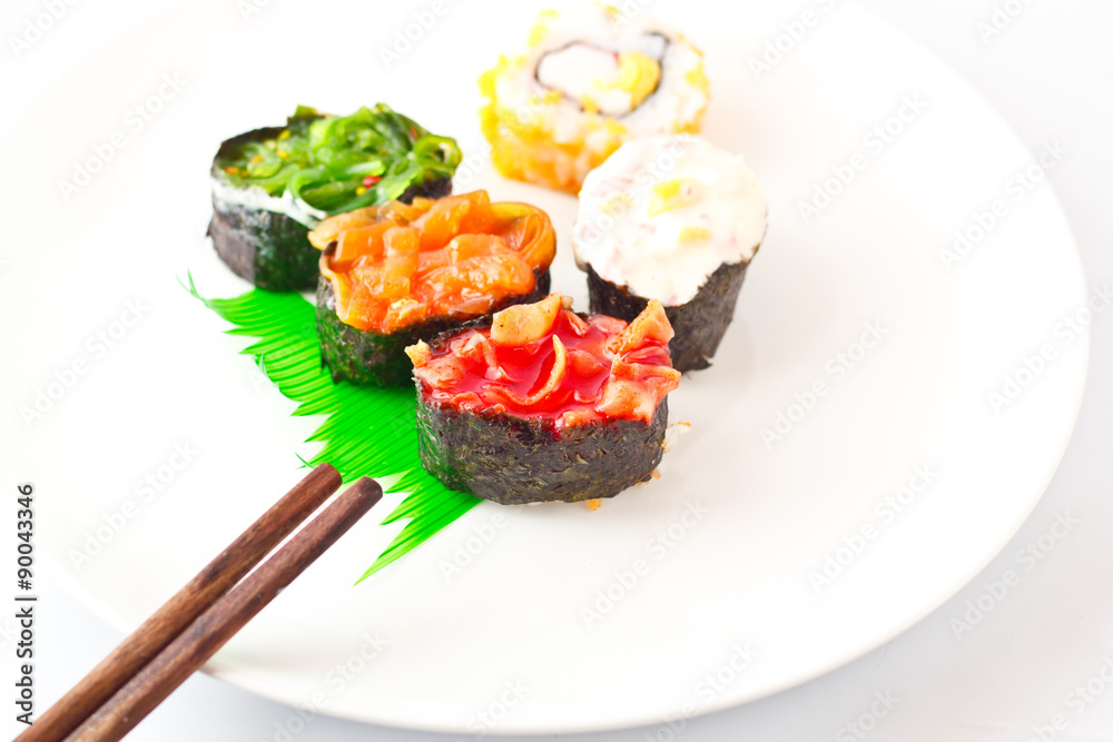 Sushi Assortment On White Dish, close up