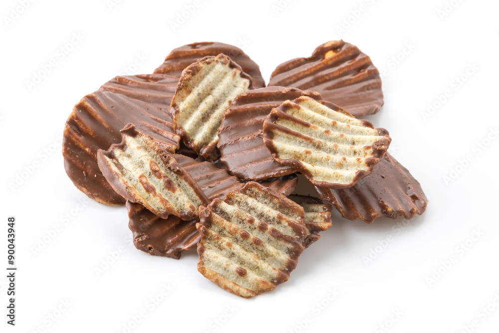 potato chip with chocolate on white potato chip with chocolate on white
