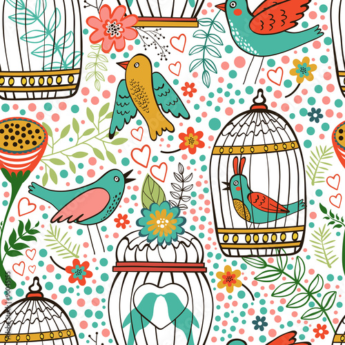 Elegant pattern with flowers, bird cages and birds