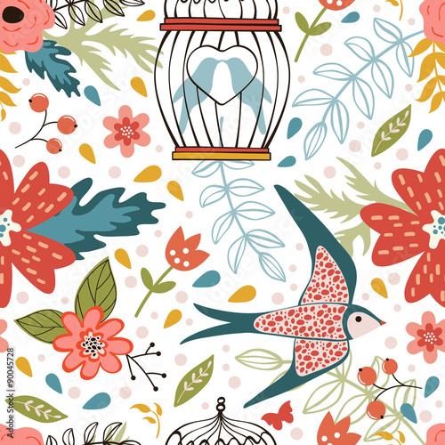 Elegant pattern with flowers, bird cages and birds