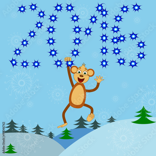Greeting card with a monkey that hangs on the numbers of 2016 year. symbol of 2016 year – monkey for your design