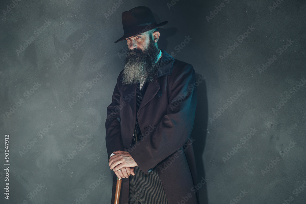 Mysterious Vintage Beard Man In 1900 Style Fashion With Cane Stock