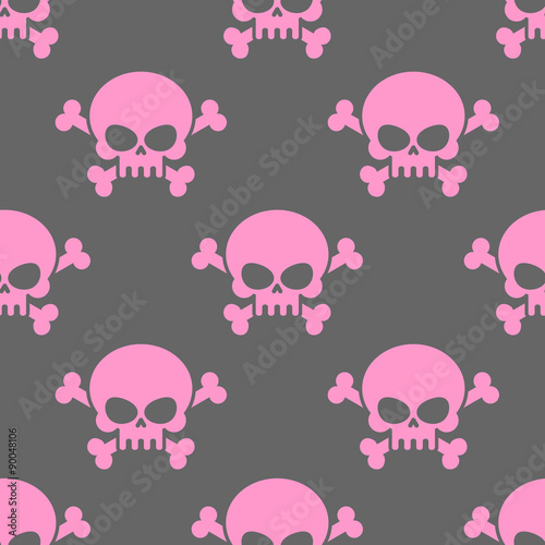 Pink skull on a grey background seamless pattern. Head of  skele