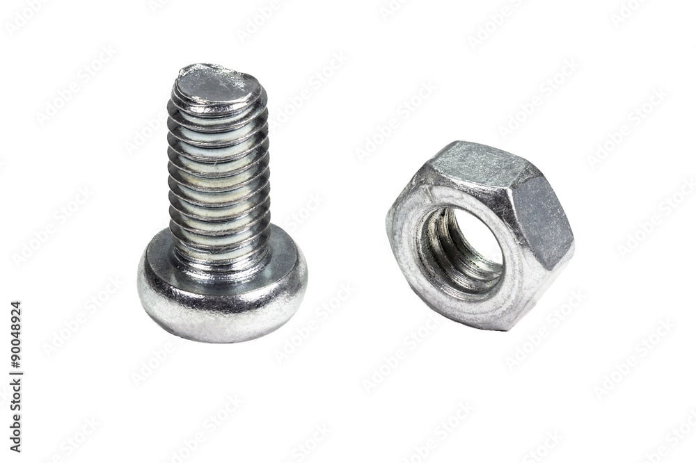 Closeup metal screw (bolt) and nuts on white background. Closeup metal screw (bolt) and nuts on white background.