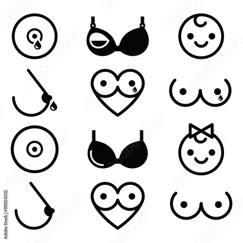 Breastfeeding, lactation, breast icons set 