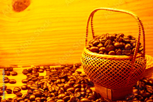 .Coffee beans roasted in bamboo baskets..